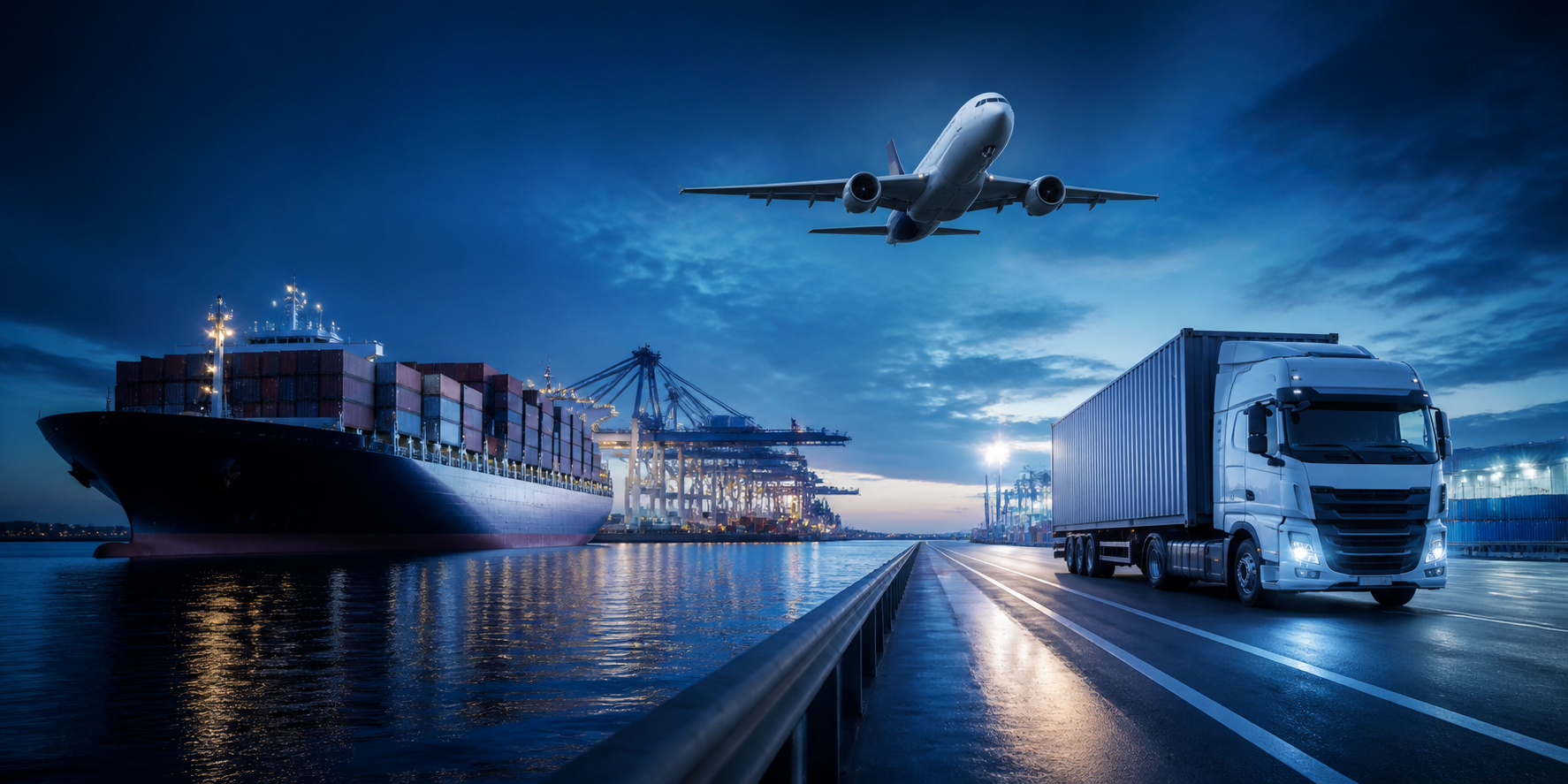 Container ship, cargo aircraft and freight truck connecting sea, air and road logistics